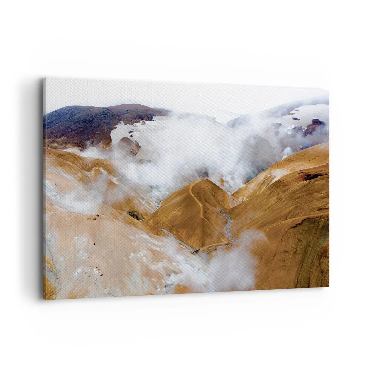 Cuadro sobre lienzo - Impresión de Imagen - Un paisaje de montaña con vapor en un clima duro. - 120x80cm - La dura belleza de Islandia - Decoración de pared moderna para salón y dormitorio ARTTOR