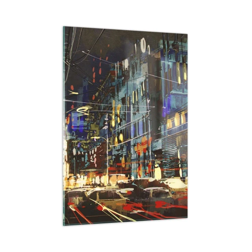 Cuadro sobre vidrio - Impresiones sobre Vidrio - Calle de la ciudad al atardecer con luces de neón y tráfico. - 50x70cm - El bullicio nocturno de la calle - Decoración de pared moderna para salón y dormitorio ARTTOR
