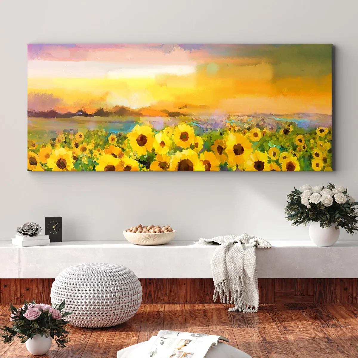 Cuadro sobre lienzo - Impresión de Imagen - Un campo de girasoles a la luz del sol poniente. - 120x50cm - El propio sol ha bajado a la Tierra - Decoración de pared moderna para salón y dormitorio ARTTOR