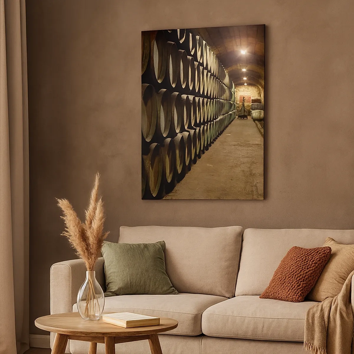 Cuadro sobre lienzo - Impresión de Imagen - Una bodega con barriles de vino de madera dispuestos en filas. - 50x70cm - El placer  - Decoración de pared moderna para salón y dormitorio ARTTOR