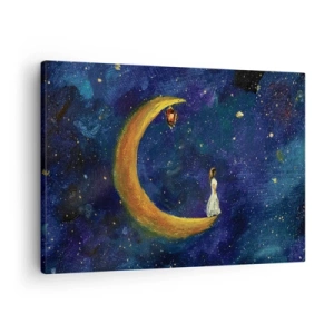 Cuadro sobre lienzo - Impresión de Imagen - Una niña parada en la luna en un cielo estrellado. - 70x50cm - La llamada de la Luna - Decoración de pared moderna para salón y dormitorio ARTTOR