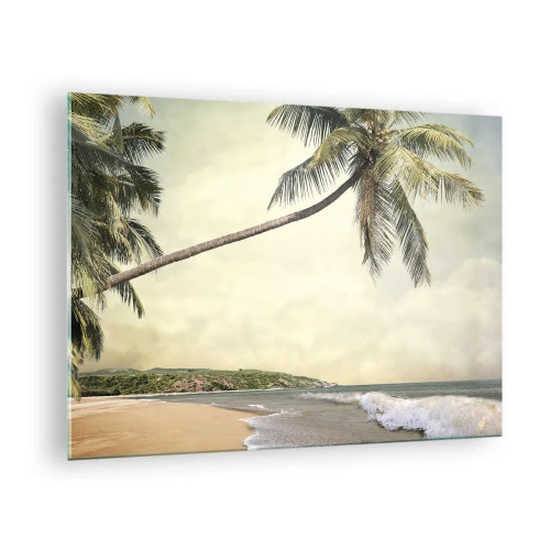 Cuadro sobre vidrio - Impresiones sobre Vidrio - Playa tropical con palmeras y olas. - 70x50cm - Sueño tropical - Decoración de pared moderna para salón y dormitorio ARTTOR