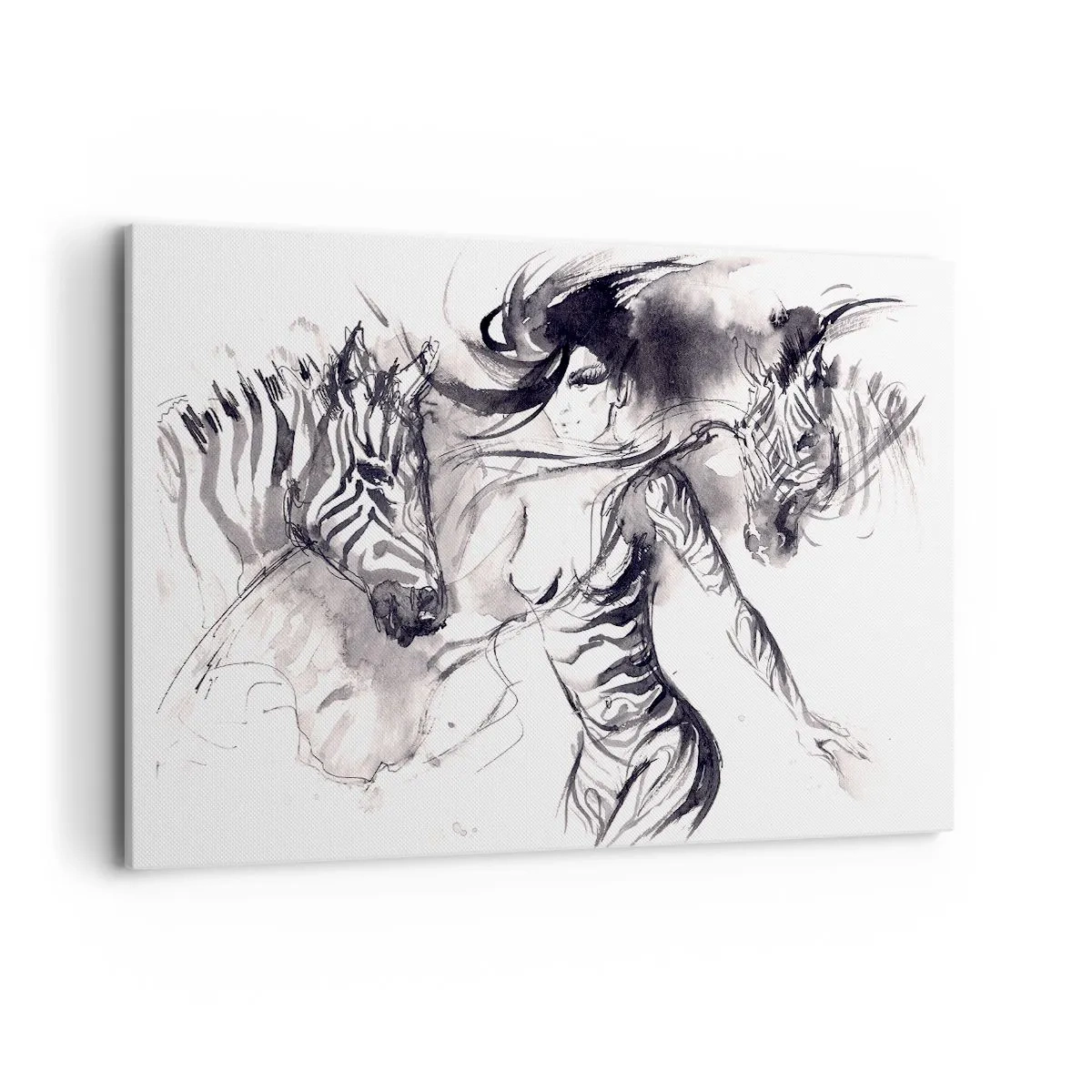 Cuadro sobre lienzo - Impresión de Imagen - Una mujer en una danza dinámica con cebras en una estética en blanco y negro. - 120x80cm - Bailando con las cebras - Decoración de pared moderna para salón y dormitorio ARTTOR