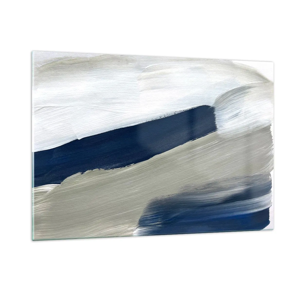 Cuadro sobre vidrio - Impresiones sobre Vidrio - Abstracción minimalista con trazos dinámicos de blanco, azul marino y gris. - 120x80cm - Encuentro con el blanco - Decoración de pared moderna para salón y dormitorio ARTTOR