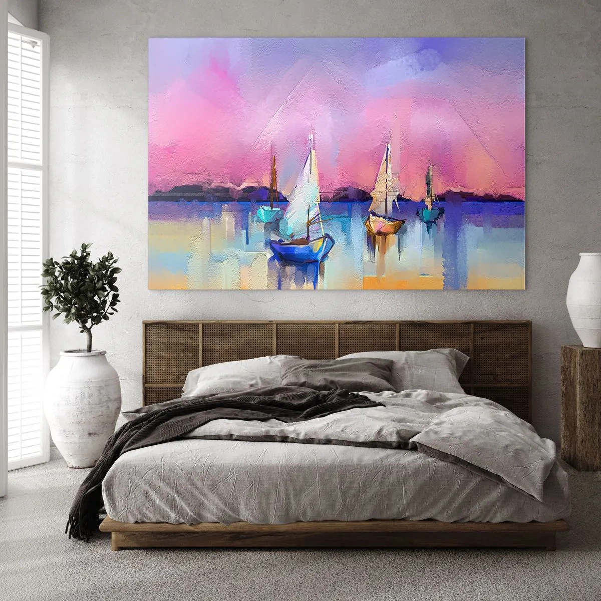 Cuadro sobre vidrio - Impresiones sobre Vidrio - Marina abstracta con veleros al atardecer - 70x50cm - Dirección alta mar - Decoración de pared moderna para salón y dormitorio ARTTOR