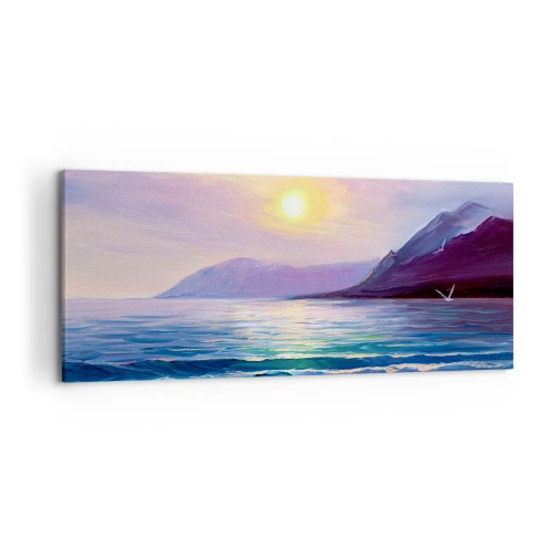 Cuadro sobre lienzo - Impresión de Imagen - Un pintoresco paisaje marino al atardecer con olas y montañas. - 120x50cm - Cristal de agua y aire - Decoración de pared moderna para salón y dormitorio ARTTOR