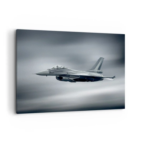 Cuadro sobre lienzo - Impresión de Imagen - Un avión de combate en vuelo contra un cielo nublado. - 100x70cm - ¿Quieres un reto? - Decoración de pared moderna para salón y dormitorio ARTTOR