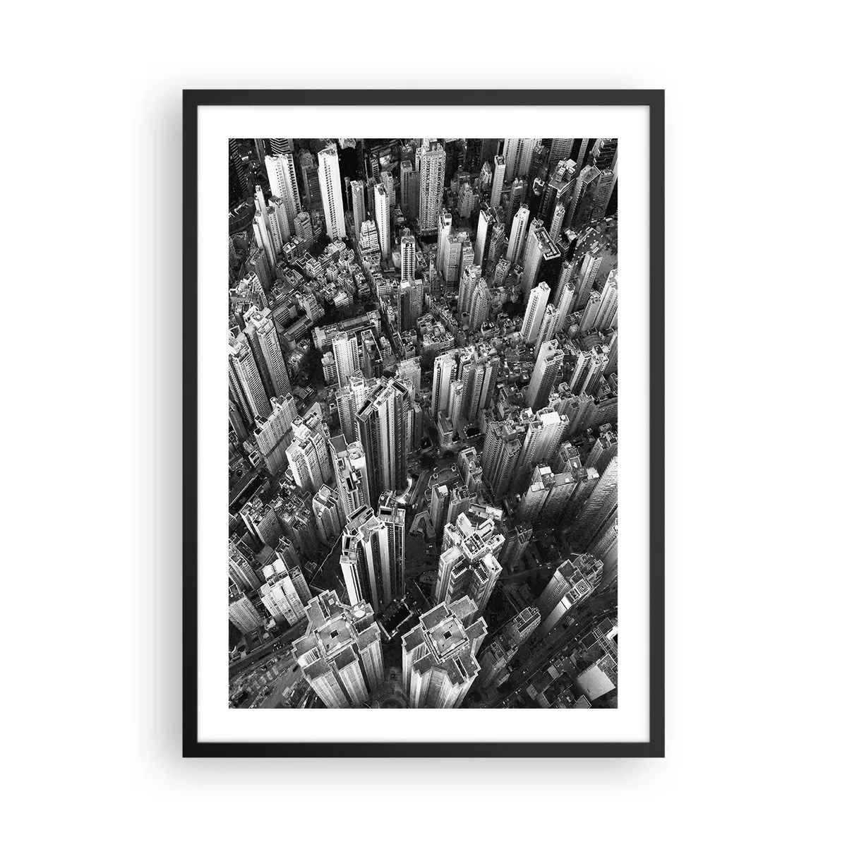 Póster en marco negro - Vista aérea de los rascacielos de la ciudad en blanco y negro - 50x70cm - Cada vez más alto - Decoración de pared moderna para salón y dormitorio ARTTOR