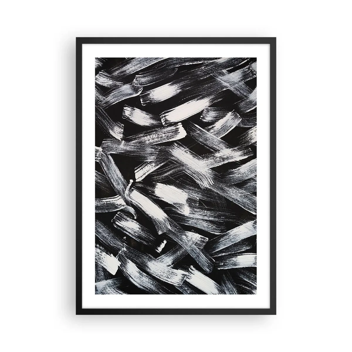 Póster en marco negro - Pinceladas blancas abstractas sobre un fondo negro - 50x70cm - Abstracción en el espíritu industrial - Decoración de pared moderna para salón y dormitorio ARTTOR