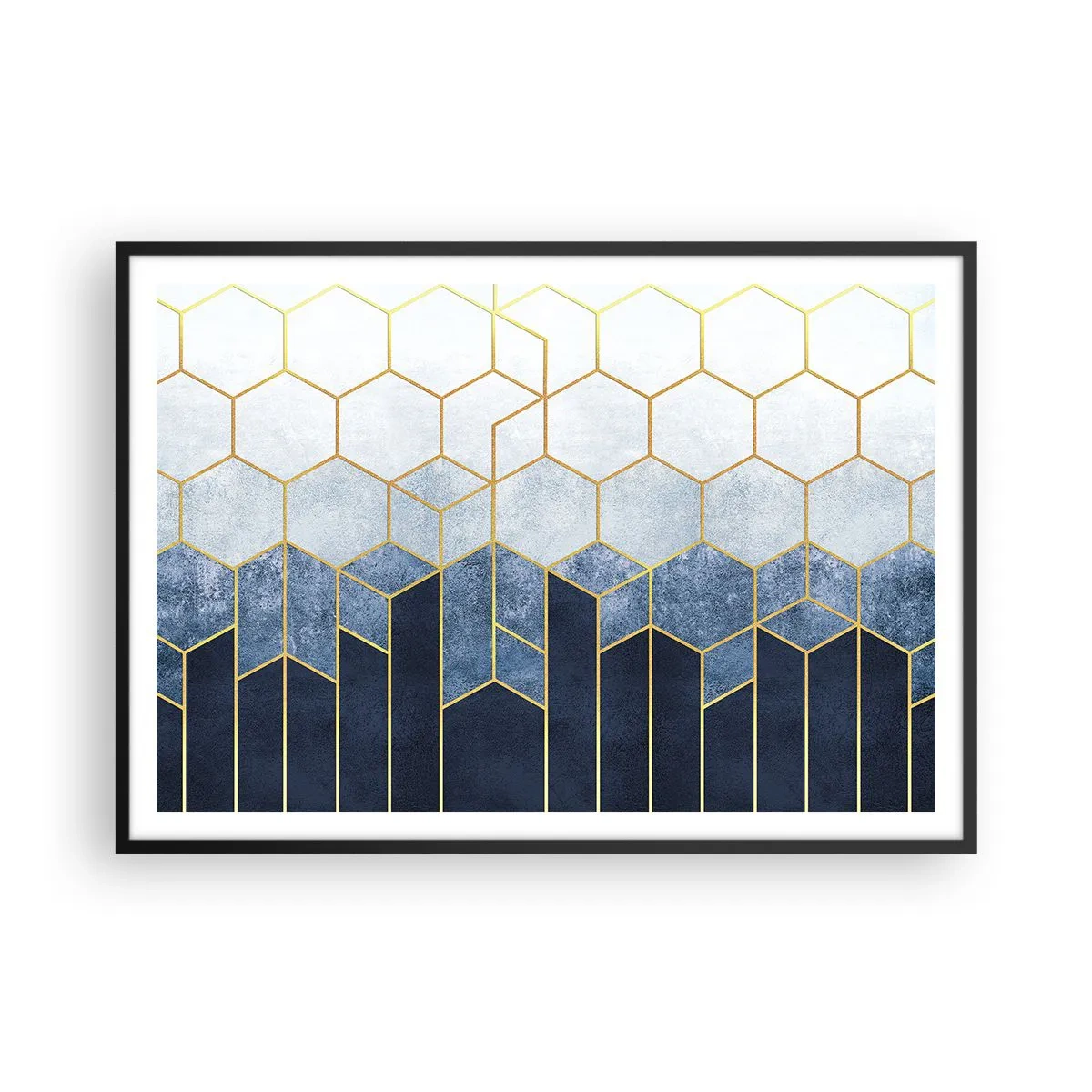 Póster en marco negro - Patrón geométrico en tonos dorados y azul marino. - 100x70cm - Composición rítmica visual - Decoración de pared moderna para salón y dormitorio ARTTOR
