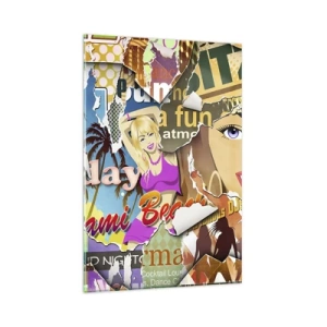 Cuadro sobre vidrio - Impresiones sobre Vidrio - Un collage colorido con elementos retro y pop art. - 80x120cm - Recuerdos de las vacaciones - Decoración de pared moderna para salón y dormitorio ARTTOR