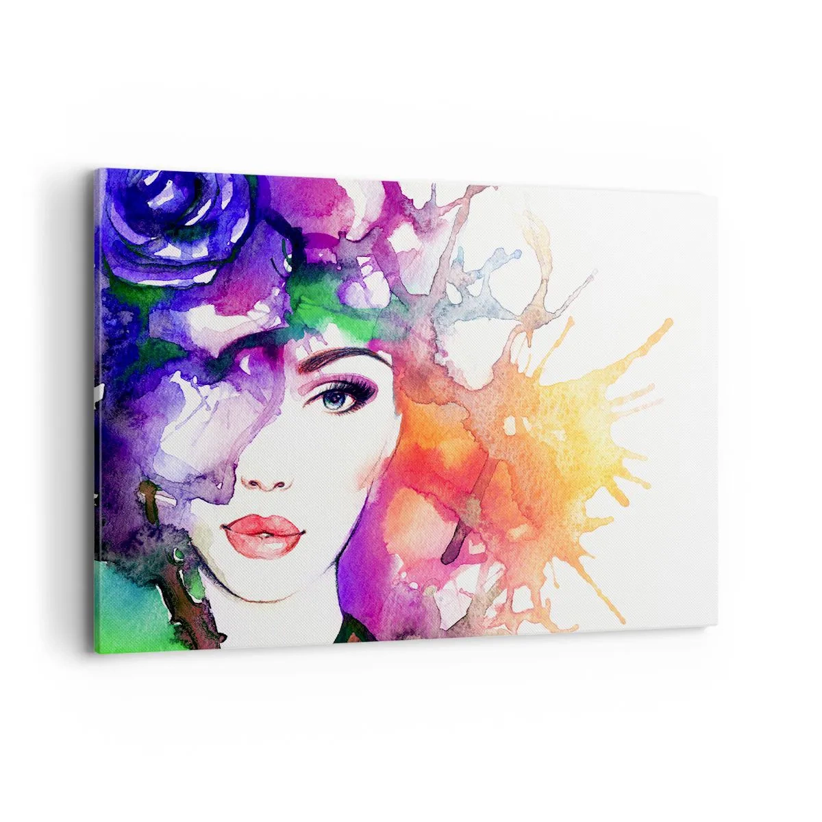 Cuadro sobre lienzo - Impresión de Imagen - Retrato de una mujer en colores de acuarela con manchas abstractas. - 120x80cm - Con la cabeza en las nubes - Decoración de pared moderna para salón y dormitorio ARTTOR