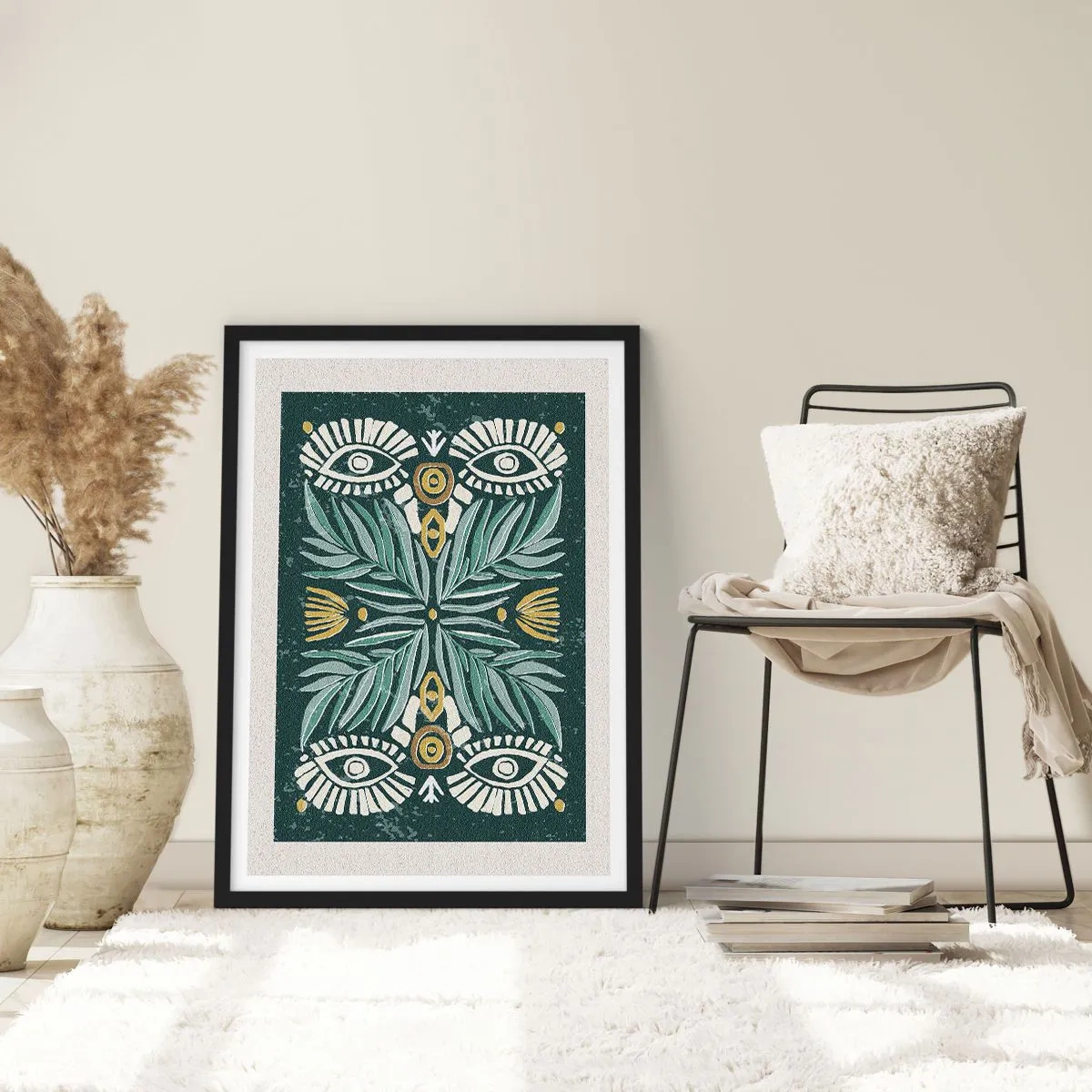Póster en marco negro - Patrón simétrico con hojas y ojos sobre un fondo oscuro. - 50x70cm - Como un recorte folclórico - Decoración de pared moderna para salón y dormitorio ARTTOR