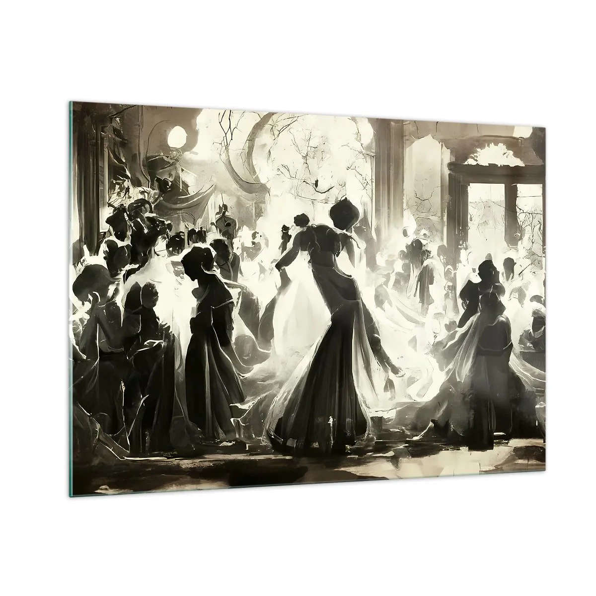 Cuadro sobre vidrio - Impresiones sobre Vidrio - Una escena de salón de baile de estilo retro con figuras bailando. - 100x70cm - Gran mascarada - Decoración de pared moderna para salón y dormitorio ARTTOR