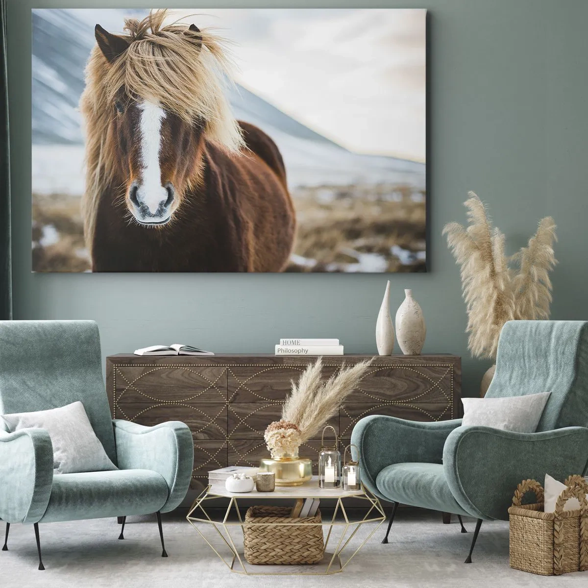 Cuadro sobre lienzo - Impresión de Imagen - Caballo islandés frente a un paisaje montañoso - 70x50cm - ¿Puedes sentir la libertad? - Decoración de pared moderna para salón y dormitorio ARTTOR