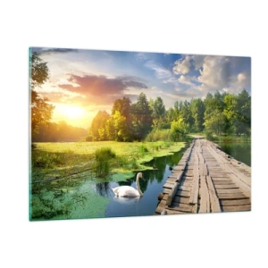 Cuadro sobre vidrio - Impresiones sobre Vidrio - Muelle de madera sobre un lago con un cisne al atardecer - 120x80cm - Verano, verano en todas partes - Decoración de pared moderna para salón y dormitorio ARTTOR