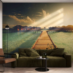 Fotomural Premium Sand - Una cálida invitación - Maldivas, Paisaje, Casas en el agua - 450x315 cm