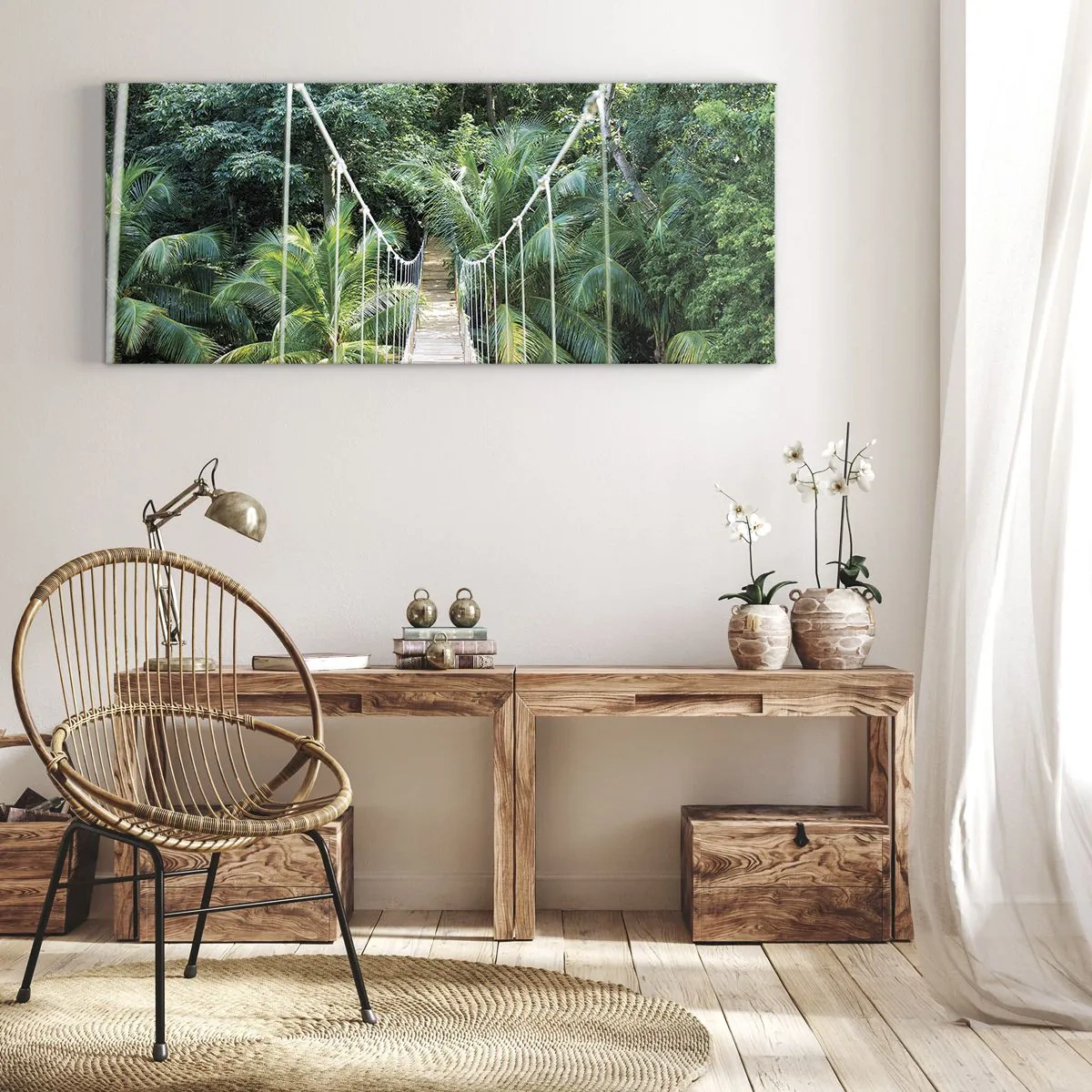 Cuadro sobre lienzo - Impresión de Imagen - Un puente colgante en una selva tropical llena de vegetación. - 160x50cm - ¡Bienvenido a la selva! - Decoración de pared moderna para salón y dormitorio ARTTOR