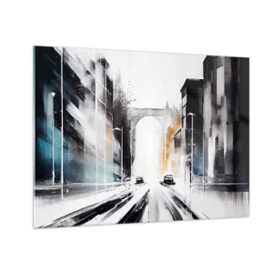 Cuadro sobre vidrio - Impresiones sobre Vidrio - Una calle urbana dinámica con coches y un arco al fondo en estilo pictórico. - 70x50cm - Estudio de la ciudad: arquitectura y movimiento - Decoración de pared moderna para salón y dormitorio ARTTOR