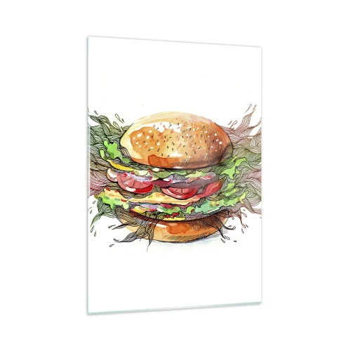 Cuadro sobre vidrio - Impresiones sobre Vidrio - Dibujo artístico de una hamburguesa con detalles en acuarela. - 50x70cm - Tentación irresistible - Decoración de pared moderna para salón y dormitorio ARTTOR