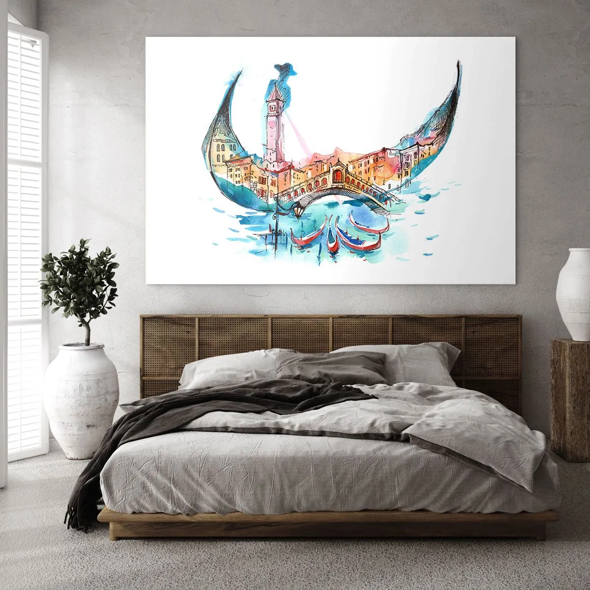 Cuadro sobre vidrio - Impresiones sobre Vidrio - Panorama de Venecia en acuarela en forma de máscara. - 70x50cm - Navegamos por la ciudad - Decoración de pared moderna para salón y dormitorio ARTTOR