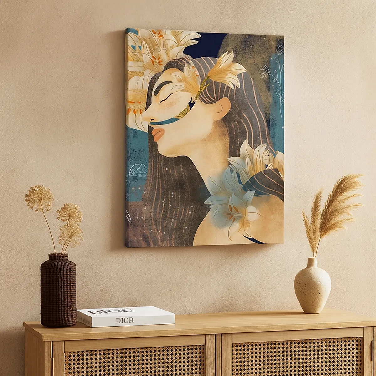 Cuadro sobre lienzo - Impresión de Imagen - Retrato de una mujer con flores en estilo artístico sobre un fondo oscuro. - 50x70cm - Cuento de princesa con lirios - Decoración de pared moderna para salón y dormitorio ARTTOR