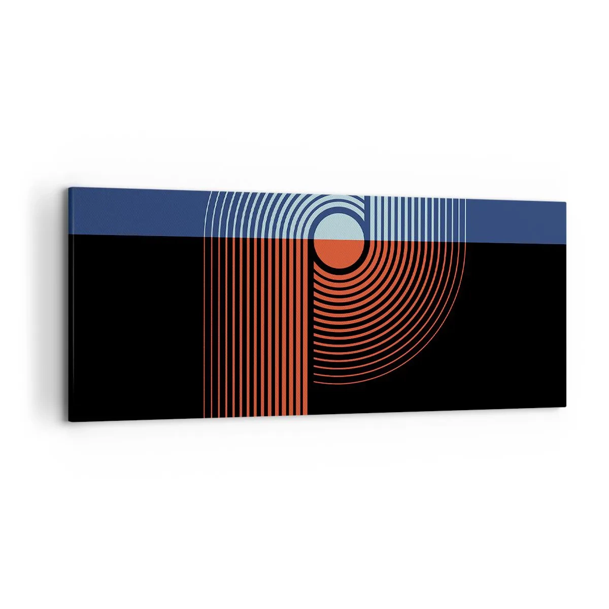 Cuadro sobre lienzo - Impresión de Imagen - Abstracción geométrica con líneas en azul marino y naranja. - 120x50cm - En un abrazo geométrico - Decoración de pared moderna para salón y dormitorio ARTTOR