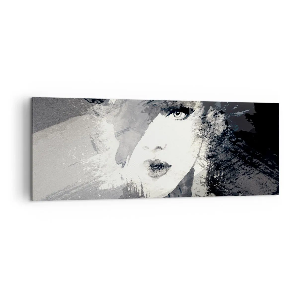 Cuadro sobre lienzo - Impresión de Imagen - Un retrato abstracto de una mujer en tonos grises con acentos delicados. - 140x50cm - Tras un velo gris - Decoración de pared moderna para salón y dormitorio ARTTOR