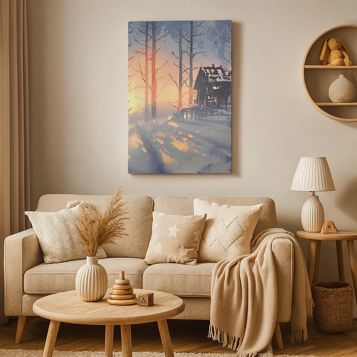 Cuadro sobre lienzo - Impresión de Imagen - Una cabaña forestal en un paisaje invernal con los rayos del sol poniente. - 50x70cm - Solo el sol es testigo - Decoración de pared moderna para salón y dormitorio ARTTOR