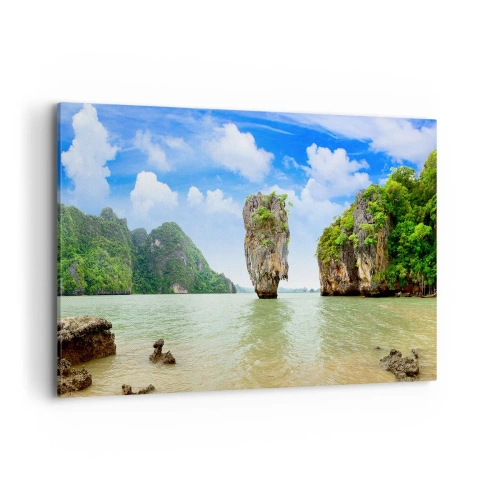 Cuadro sobre lienzo - Impresión de Imagen - Una formación rocosa exótica rodeada de agua y vegetación bajo un cielo azul. - 120x80cm - Las maravillas rocosas de la naturaleza - Decoración de pared moderna para salón y dormitorio ARTTOR