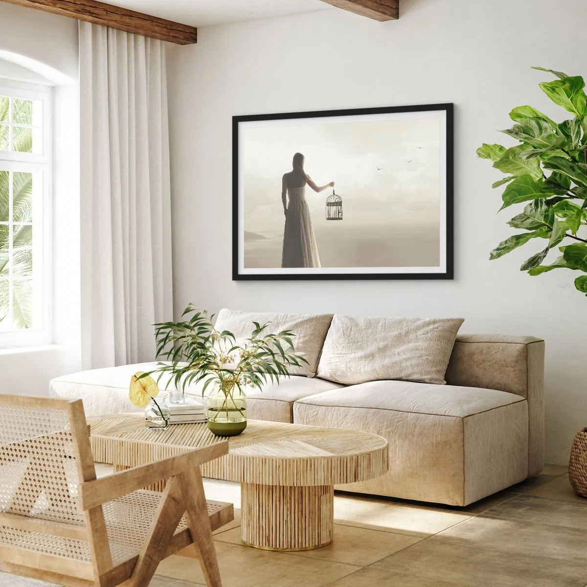 Póster en marco negro - Una mujer con una jaula contra un cielo en calma. - 70x50cm - Sé libre - Decoración de pared moderna para salón y dormitorio ARTTOR