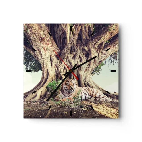 Reloj de pared - Reloj de vidrio - Un tigre descansando bajo un árbol extendido - 30x30cm - Una visión desde el Génesis - Decoración de pared moderna para salón y dormitorio ARTTOR