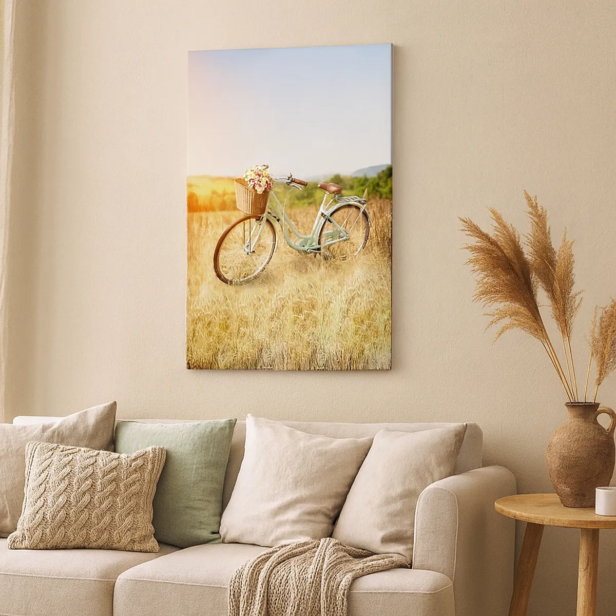 Cuadro sobre lienzo - Impresión de Imagen - Una bicicleta retro con una cesta llena de flores sobre un fondo de pradera. - 50x70cm - Me quedaré aquí un tiempo - Decoración de pared moderna para salón y dormitorio ARTTOR