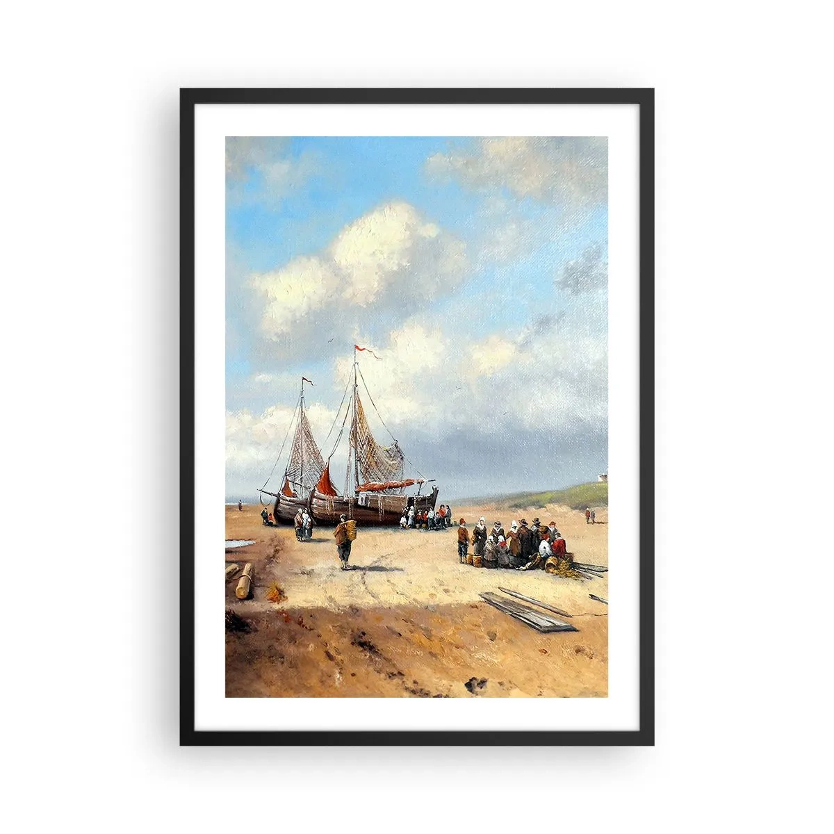 Póster en marco negro - Barcos de pesca tradicionales y pescadores en una playa de arena - 50x70cm - Después de una pesca exitosa - Decoración de pared moderna para salón y dormitorio ARTTOR