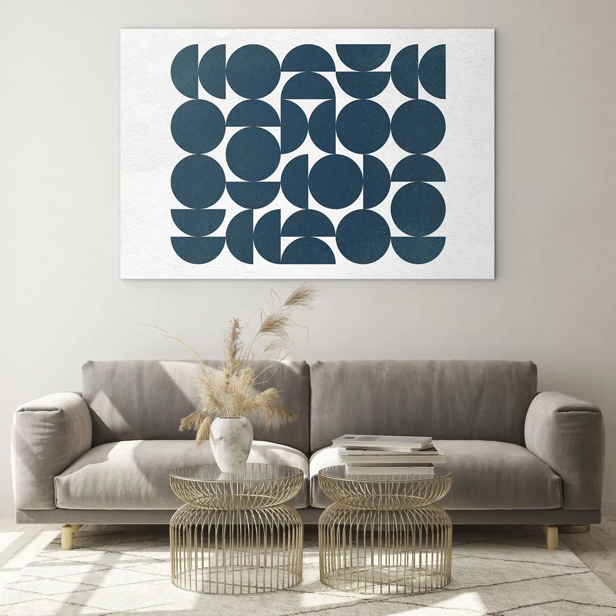 Cuadro sobre vidrio - Impresiones sobre Vidrio - Una composición moderna formada por círculos y semicírculos de color azul marino. - 100x70cm - Círculos y semicírculos - Decoración de pared moderna para salón y dormitorio ARTTOR
