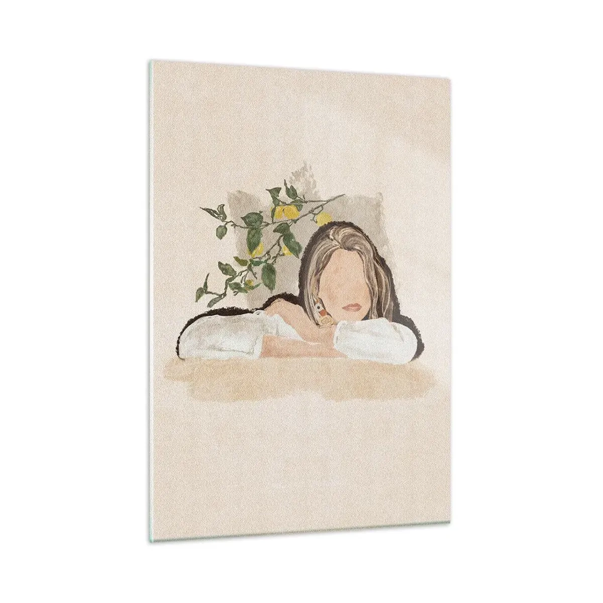 Cuadro sobre vidrio - Impresiones sobre Vidrio - Una mujer apoyada en una mesa entre las ramas de un limonero, con el rostro sin rasgos distintivos. - 50x70cm - La belleza del sur - Decoración de pared moderna para salón y dormitorio ARTTOR