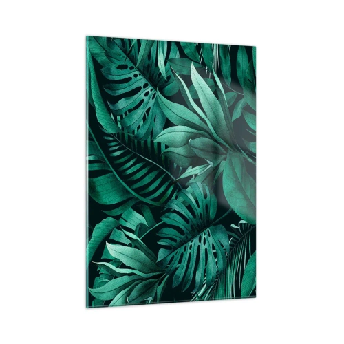Cuadro sobre vidrio - Impresiones sobre Vidrio - Hojas verdes exuberantes en una composición tropical. - 50x70cm - Profundidad del verde tropical - Decoración de pared moderna para salón y dormitorio ARTTOR