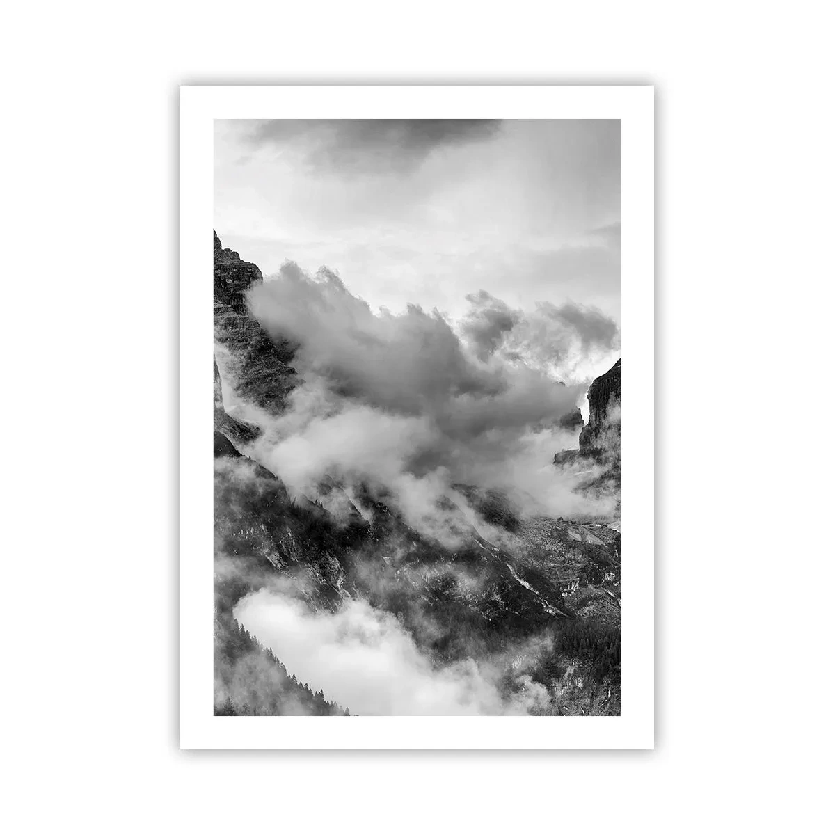 Póster - Paisaje de montaña en blanco y negro con nubes - 50x70cm - Hermoso y cruel - Decoración de pared moderna para salón y dormitorio ARTTOR