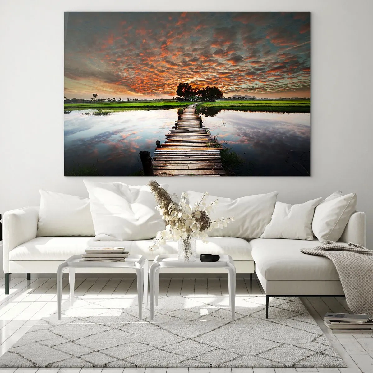 Cuadro sobre vidrio - Impresiones sobre Vidrio - Puente de madera sobre el río al atardecer - 70x50cm - Extiende tus brazos - respira  - Decoración de pared moderna para salón y dormitorio ARTTOR