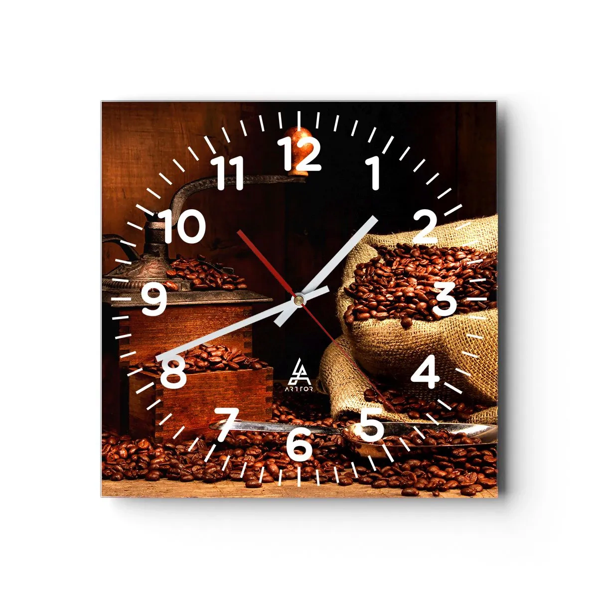 Reloj de pared - Reloj de vidrio - Bodegón con granos de café y molinillo - 30x30 cm