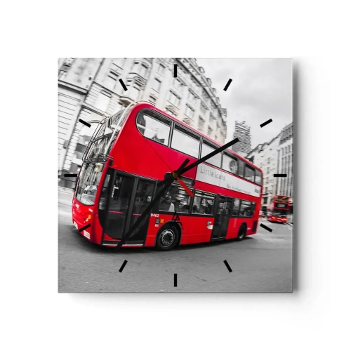 Reloj de pared - Reloj de vidrio - Un autobús rojo de Londres contra una calle en blanco y negro - 30x30cm - Londres tradicional - en autobús - Decoración de pared moderna para salón y dormitorio ARTTOR