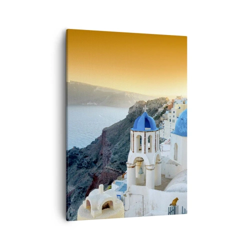 Cuadro sobre lienzo - Impresión de Imagen - Vista de Santorini con edificios blancos y mar azul. - 50x70cm - Santorini - el abrazo a las rocas - Decoración de pared moderna para salón y dormitorio ARTTOR