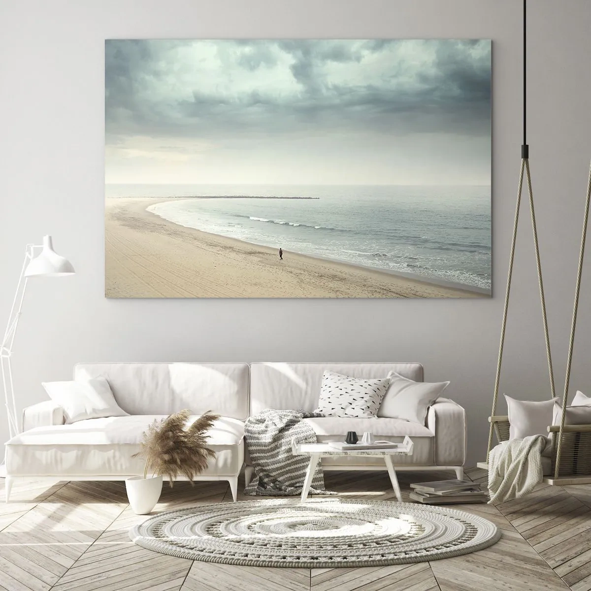 Cuadro sobre vidrio - Impresiones sobre Vidrio - Una figura paseando por una playa vacía junto a un mar en calma. - 70x50cm - En busca de la paz - Decoración de pared moderna para salón y dormitorio ARTTOR