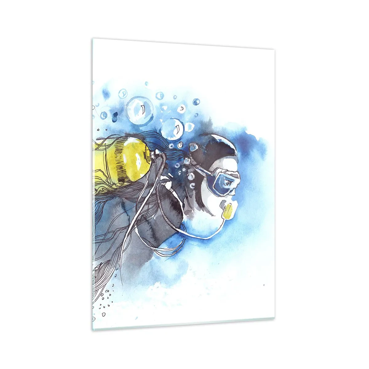 Cuadro sobre vidrio - Impresiones sobre Vidrio - Buceador bajo el agua con peces en acuarela artística. - 50x70cm - Sumergirse en lo desconocido - Decoración de pared moderna para salón y dormitorio ARTTOR