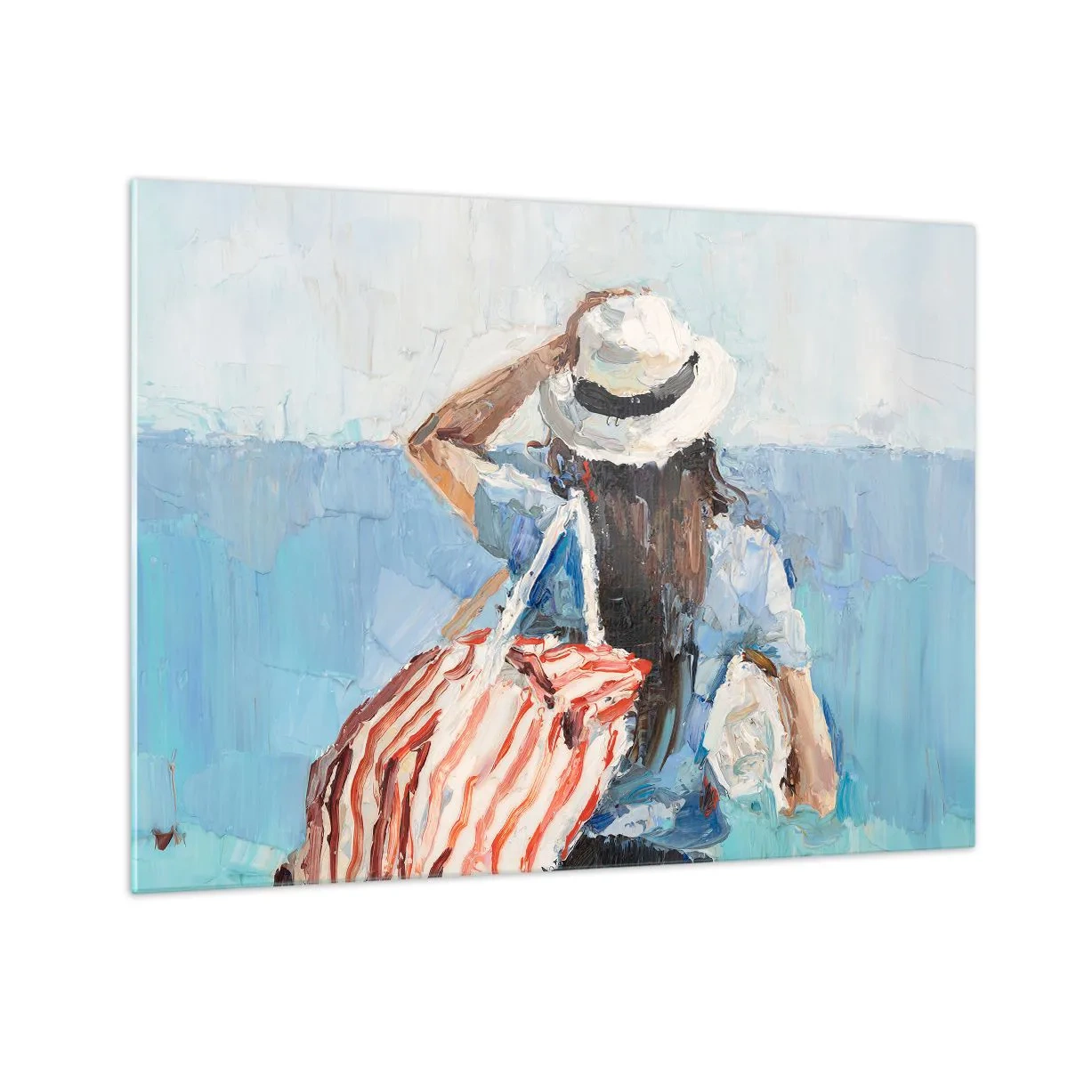 Cuadro sobre vidrio - Impresiones sobre Vidrio - Una mujer con un bolso de rayas mirando al mar en un día soleado. - 70x50cm - Bienvenida a tus vacaciones - Decoración de pared moderna para salón y dormitorio ARTTOR