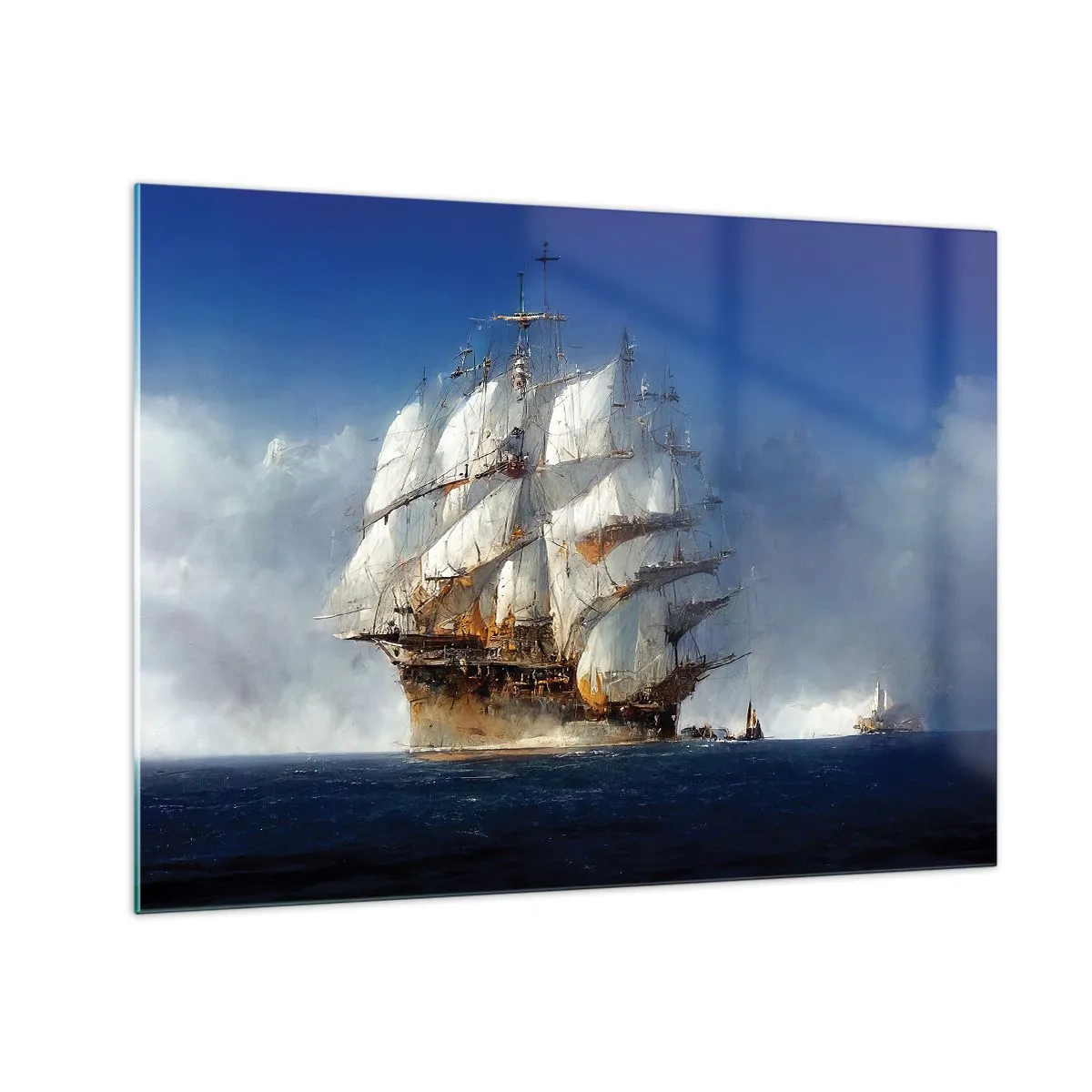 Cuadro sobre vidrio - Impresiones sobre Vidrio - Un velero en alta mar en medio de la niebla marina. - 70x50cm - La gran gloria - Decoración de pared moderna para salón y dormitorio ARTTOR