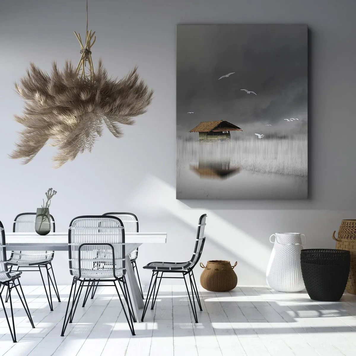 Cuadro sobre lienzo - Impresión de Imagen - Una cabaña solitaria sobre el agua rodeada de niebla y pájaros. - 50x70cm - Resguardo de la lluvia - Decoración de pared moderna para salón y dormitorio ARTTOR
