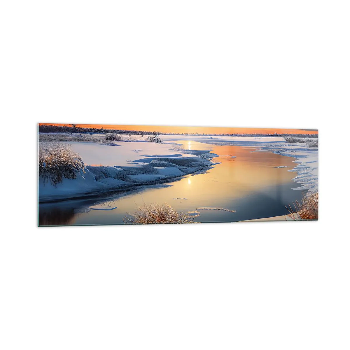 Cuadro sobre vidrio - Impresiones sobre Vidrio - Paisaje invernal con un río al atardecer - 160x50cm - Atardecer de invierno - Decoración de pared moderna para salón y dormitorio ARTTOR
