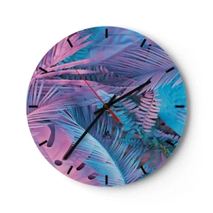 Reloj de pared - Reloj de vidrio - Una composición abstracta de hojas de palma en tonos rosa y azul. - 30x30cm - Trópicos en rosa y azul - Decoración de pared moderna para salón, cocina y dormitorio ARTTOR
