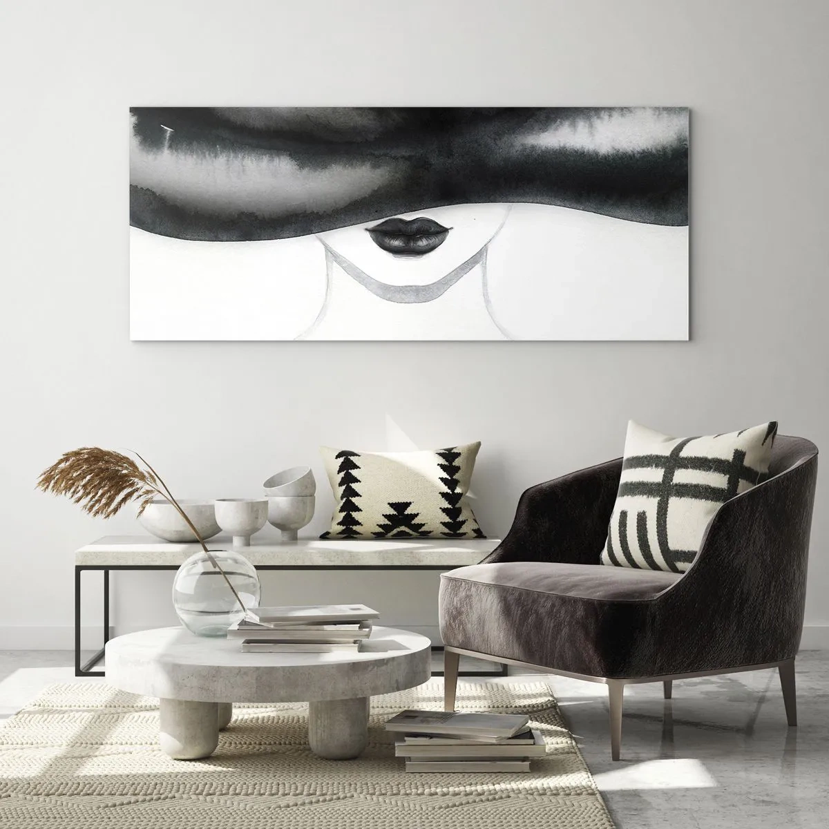 Cuadro sobre vidrio - Impresiones sobre Vidrio - Un retrato sutil de una mujer con el rostro cubierto en un estilo monocromático. - 120x50cm - Un misterio sensual - Decoración de pared moderna para salón y dormitorio ARTTOR